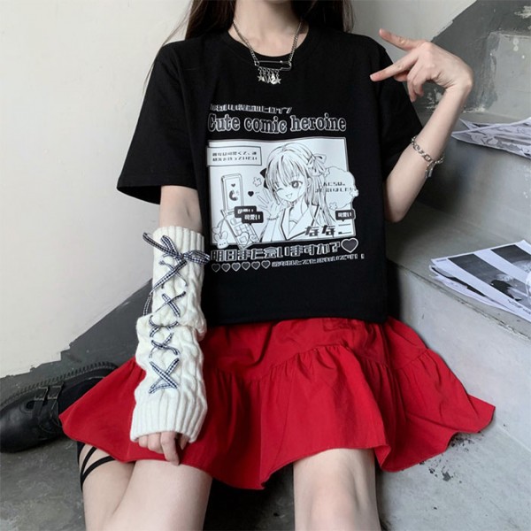 Mustavalkoinen Cute Comic Heroine T-paita