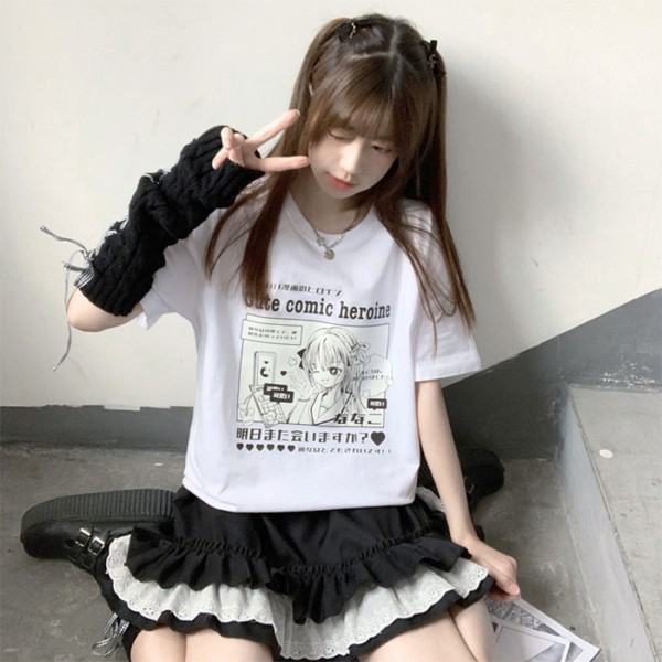 Mustavalkoinen Cute Comic Heroine T-paita