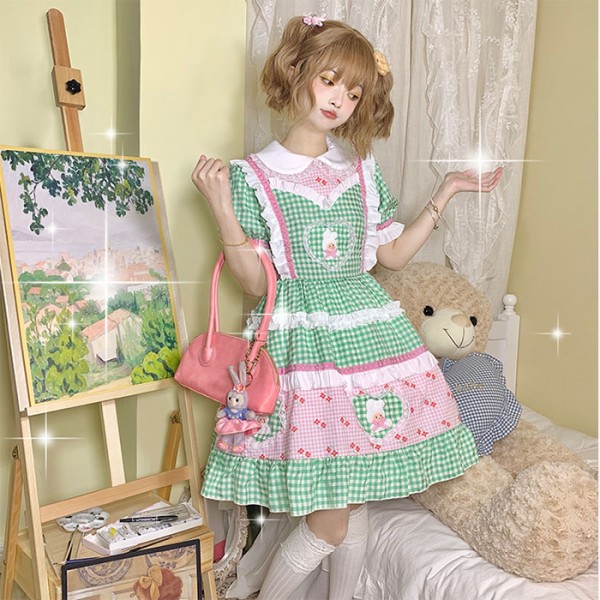 Vihreä ruudullinen Sweet Lolita mekko pitsikoristeilla
