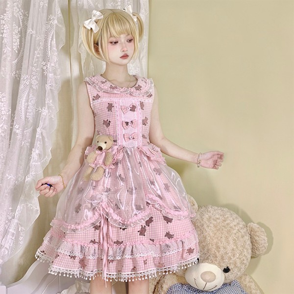 Vaaleanpunainen nallekuvioinen Sweet Lolita mekko