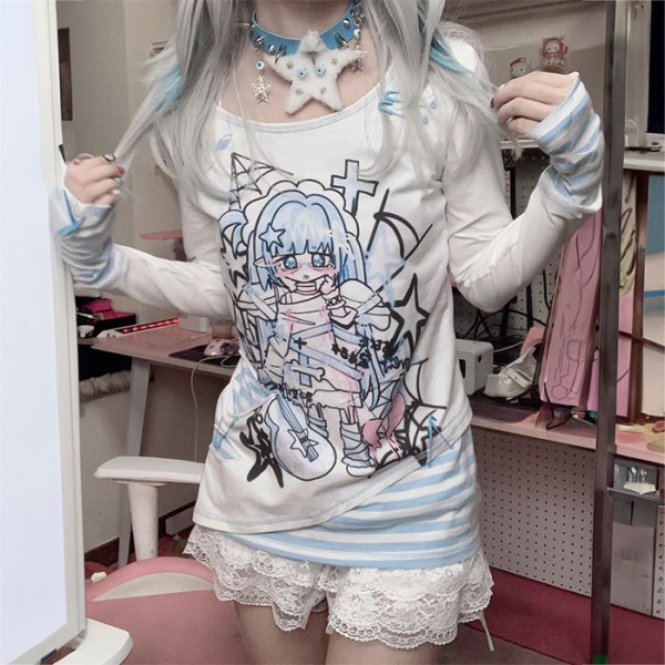 Raidallinen pitkähihainen Anime Girl paita