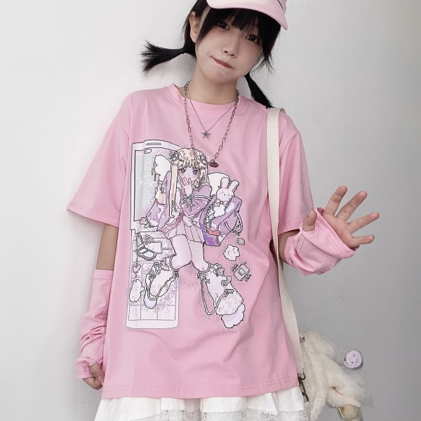 Vaaleanpunainen anime pixel art T-paita irrotettavilla hihoilla