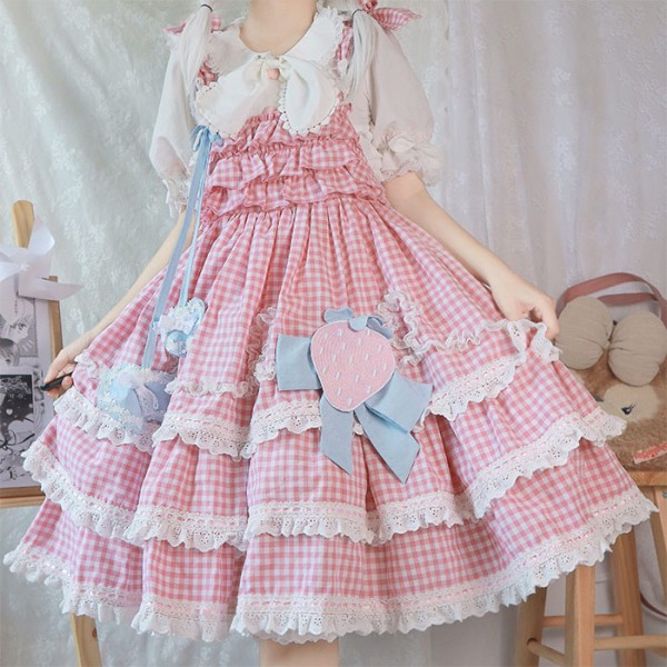 Vaaleanpunainen ruudullinen Lolita mekko